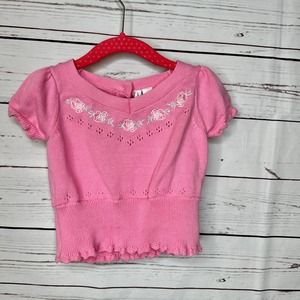 Janie and Jack Pink Short Puff Sleeve Rose embroidered pink Sweater 2T